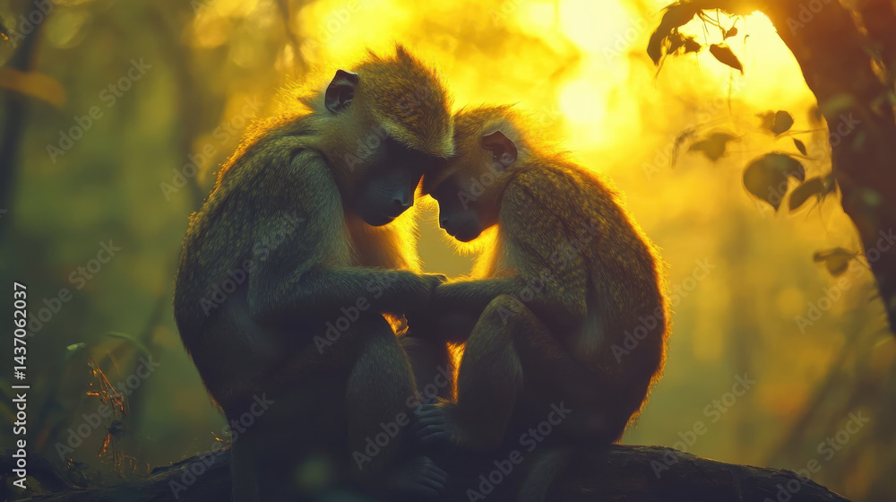 serene moment of two monkeys sharing gentle connection in sunlit forest, showcasing their bond and affection