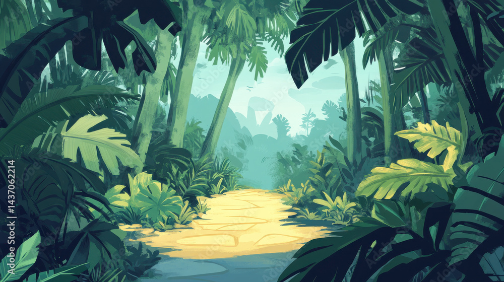 calm rainforest scene with hidden path leading through lush greenery, inviting exploration and tranquility