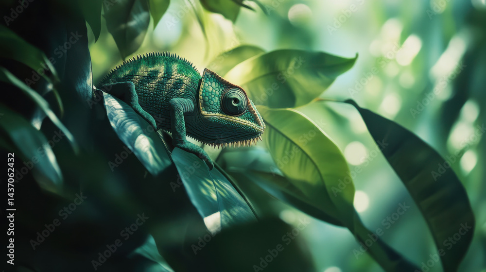 chameleon resting on lush green leaves, showcasing its vibrant colors and unique texture, creates serene atmosphere in nature