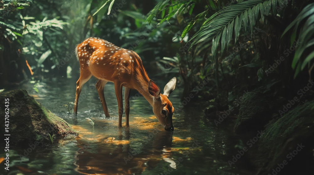 peaceful moment of deer drinking from rainforest stream, surrounded by lush greenery and soft light