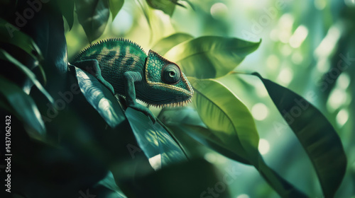 Obraz na płótnie chameleon resting on lush green leaves, showcasing its vibrant colors and unique texture, creates serene atmosphere in nature w salonie