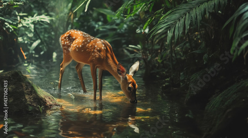 Obraz na płótnie peaceful moment of deer drinking from rainforest stream, surrounded by lush greenery and soft light w salonie