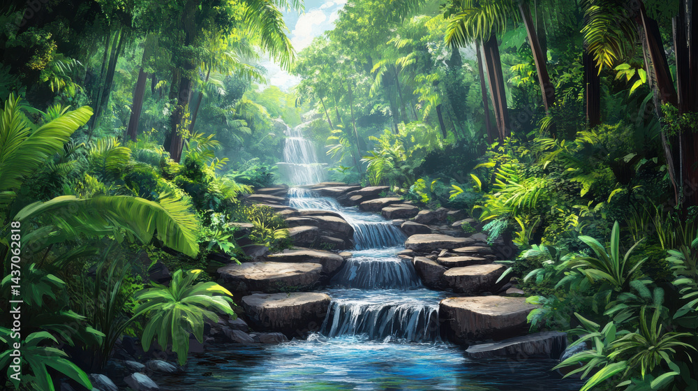 Tranquil rainforest scene with gentle stream flowing through lush greenery and rocks, creating serene atmosphere