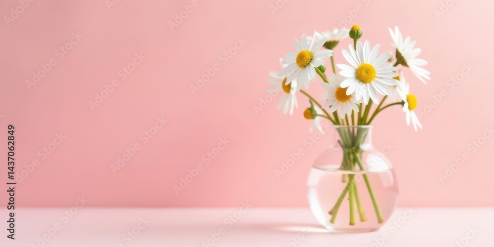 Fototapeta premium A delicate bouquet of white daisies arranged in a clear glass vase against a soft pink background.