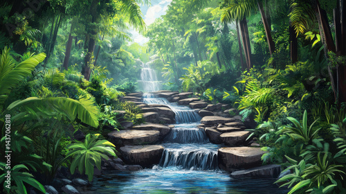 Obraz na płótnie Tranquil rainforest scene with gentle stream flowing through lush greenery and rocks, creating serene atmosphere w salonie