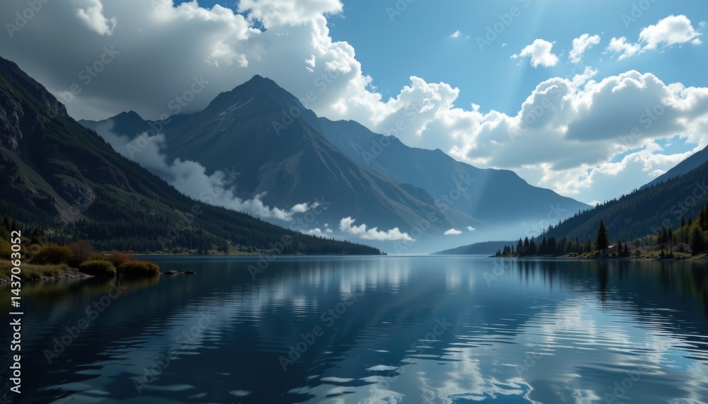 Fototapeta premium Surreal fantasy depiction of mountain landscape hidden in the shadows beside a calm lake with deep contrasting shadows