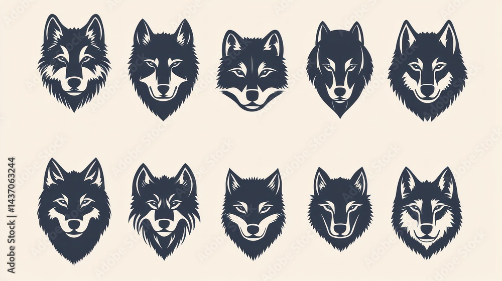 Fototapeta premium Ten wolf head silhouettes; design elements; neutral background; graphic design