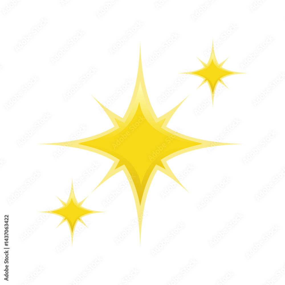 Obraz premium Cartoon Sparkle Stars Vector Illustration. A cute and simple cartoon illustration featuring three yellow starburst shapes of varying sizes, representing sparkles or shine.