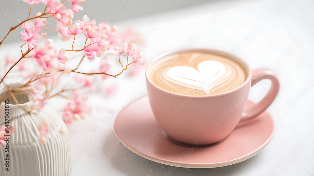 A pink coffee cup with a heart drawn on it sits on a pink saucer A pink coffee cup with a heart drawn on it sits on a pink saucer