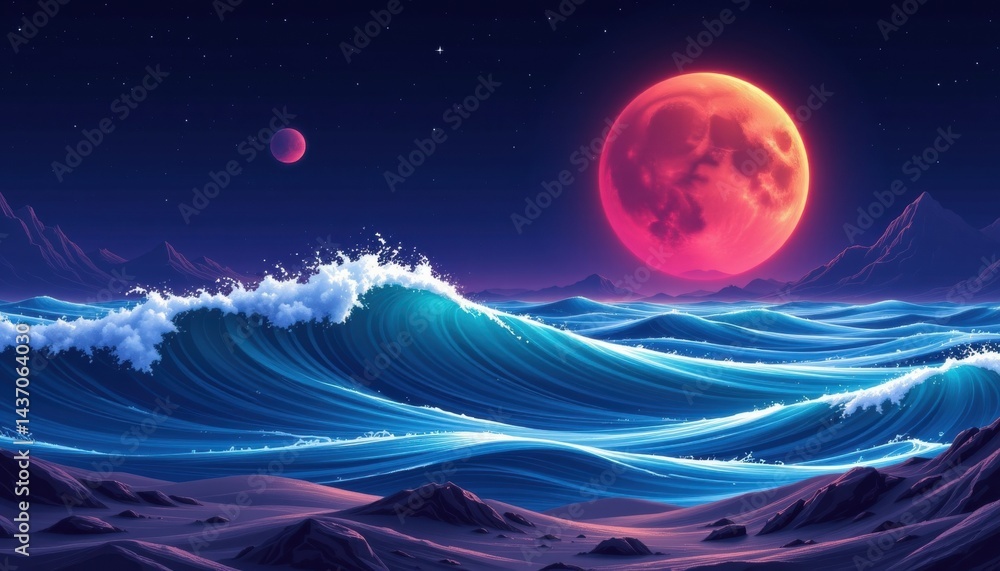 Fototapeta premium Flat design depiction of ocean waves under a starry sky on an alien planet with deep contrasting shadows