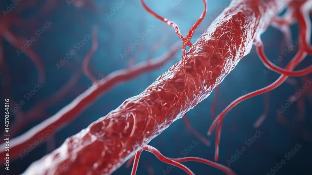 Close-up visualization of human veins, arteries and capillaries, showcasing blood circulation within the vascular system in 3D rendering.