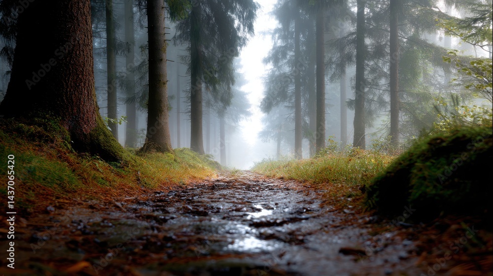Obraz premium A forest path with a stream running through it