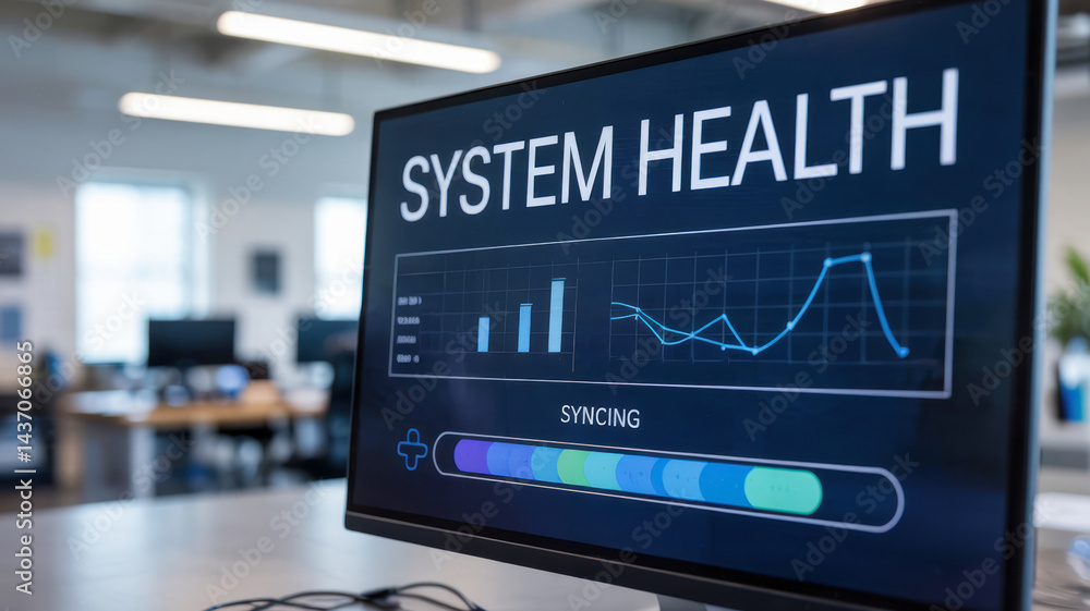 Agentic ai system health monitor with syncing status and data charts on screen in office Agentic ai system health monitor with syncing status and data charts on screen in office