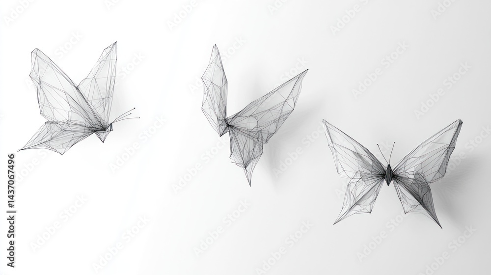 Obraz premium Three wireframe butterflies flying, white background, nature design, graphic art