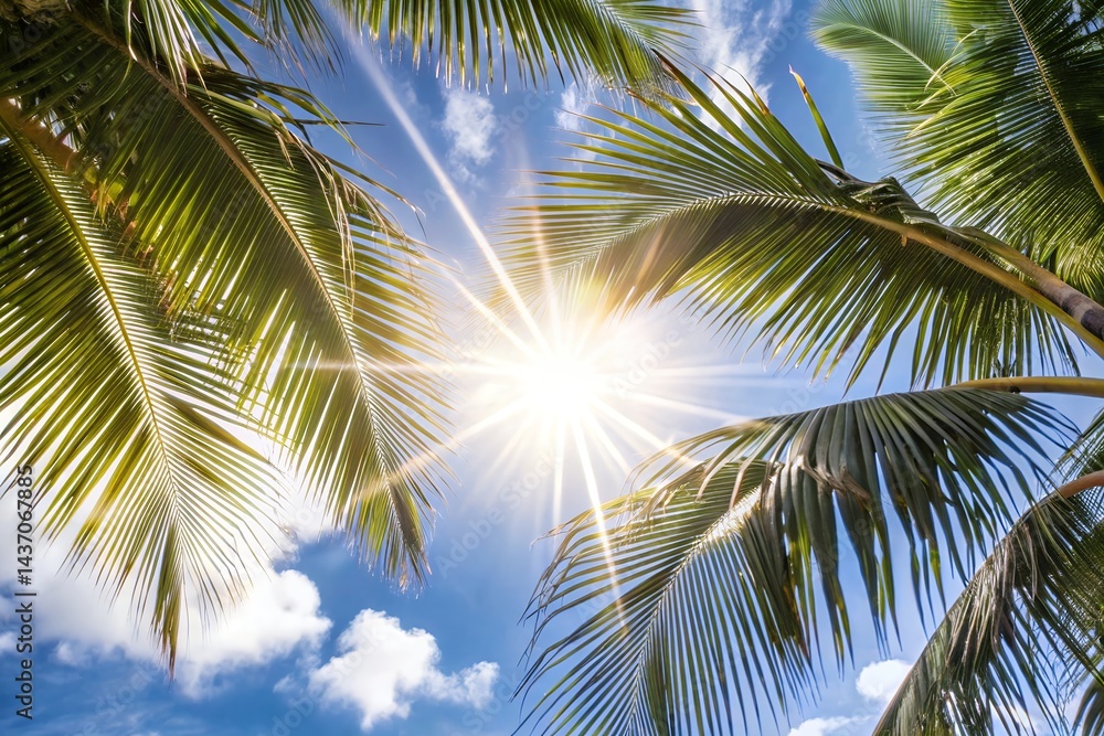 Fototapeta premium Vibrant Tropical Summer Background Palm Leaves and Sunshine