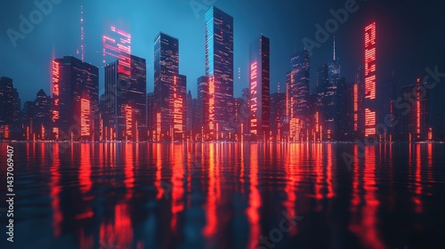 Fototapeta Naklejka Na Ścianę i Meble -  Neon city skyline reflected in water at night