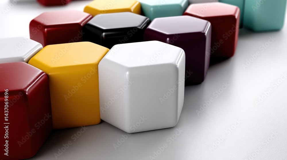 Obraz premium Colorful Hexagonal Shapes Arranged on a Clean Surface for Creative Background or Design