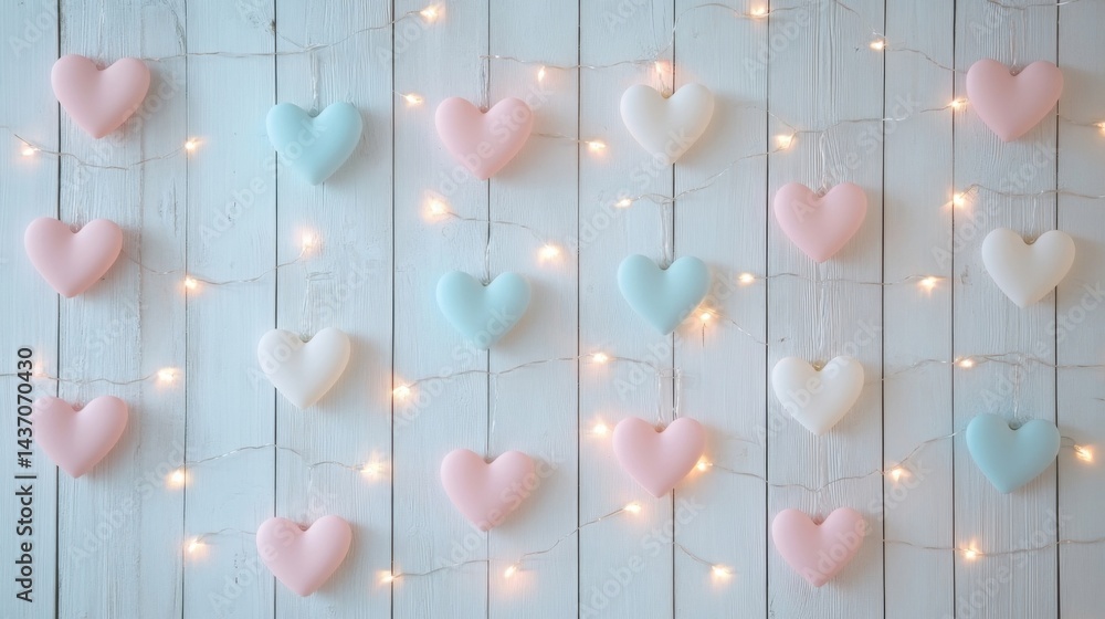 Fototapeta premium pastel heart garland on white wooden wall