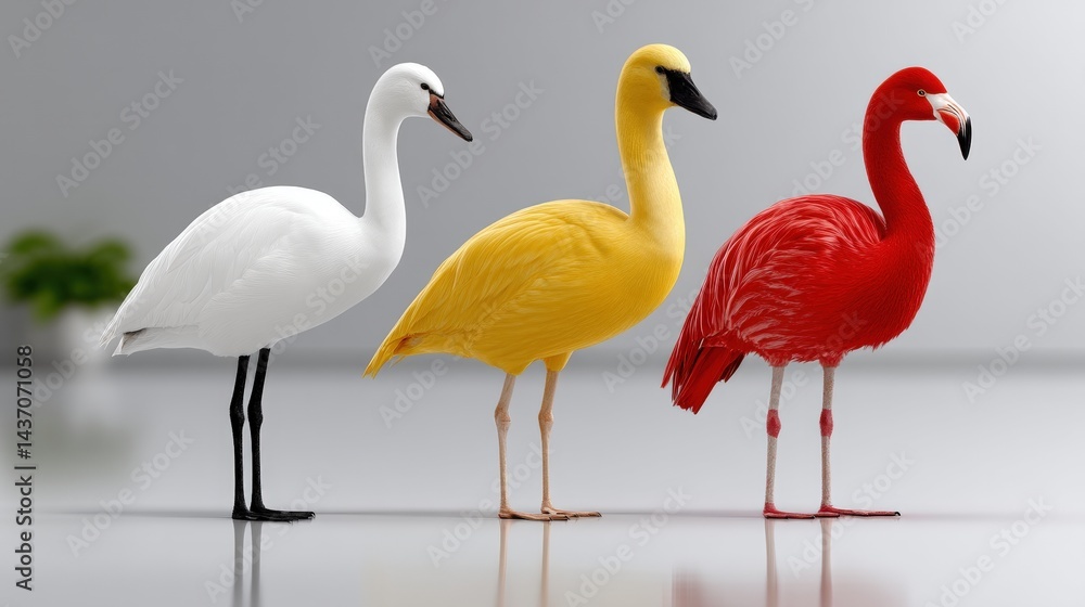 Obraz premium Elegant Birds Displaying Vibrant Colors in a Modern Indoor Setting with Subtle Background