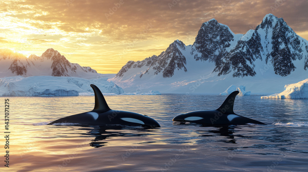 Fototapeta premium Orcas swimming gracefully in icy waters, surrounded by majestic mountains and stunning sunset, evoke sense of tranquility and wonder