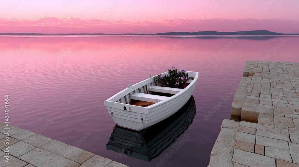 Fototapeta Serene Sunset Over Calm Waters with a White Boat and Reflections on Tranquil Lake Surface