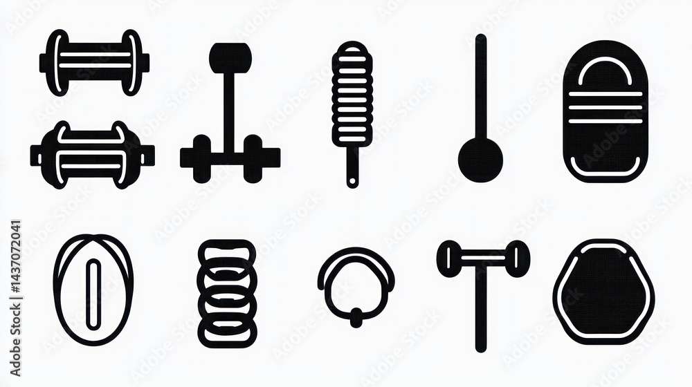 Obraz premium Fitness icons; weights, gym equipment; exercise; workout; website design