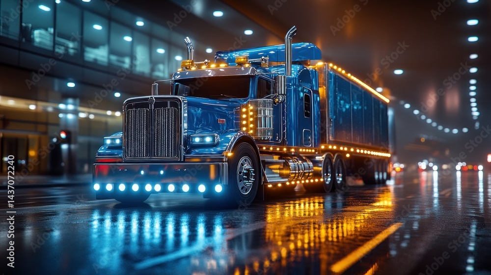 Naklejka premium Night city truck on wet road