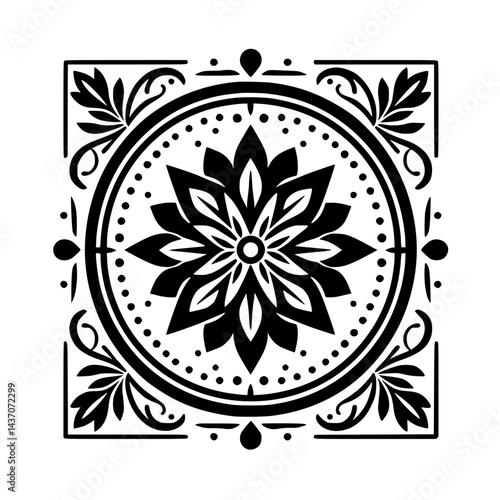 Black & White Floral Mandala Design, Decorative Tile Pattern