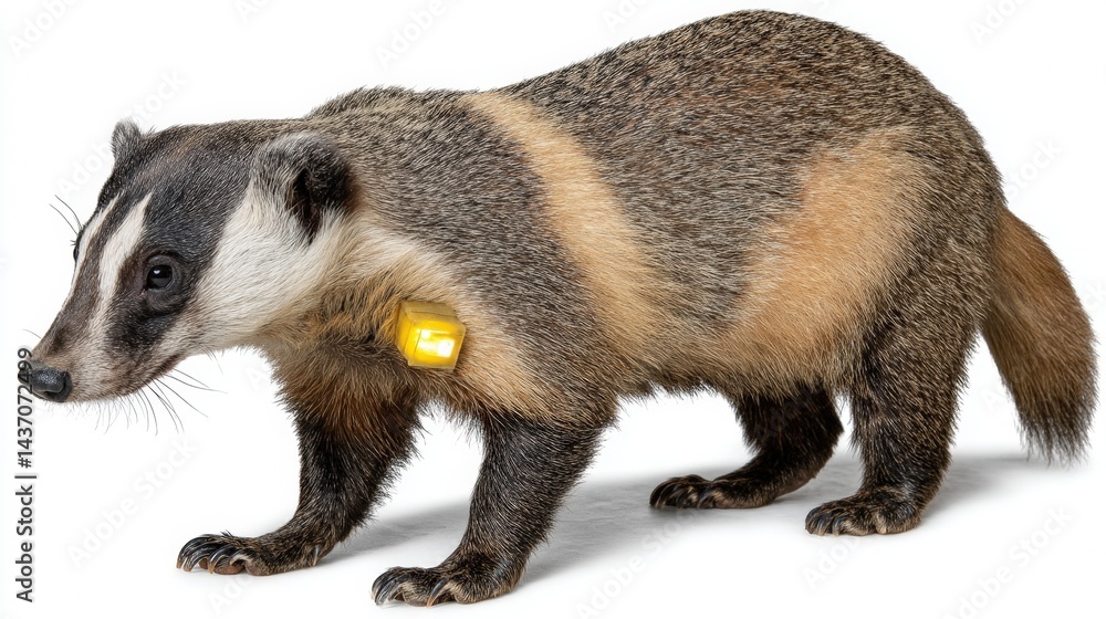 Naklejka premium Adorable Badger Walking with Yellow Tracking Device in Natural Habitat