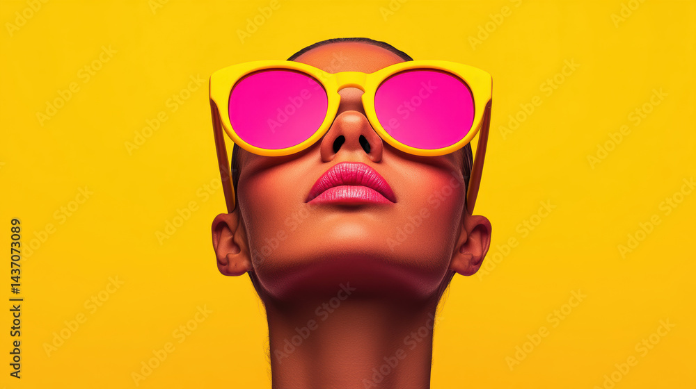 A pop art style with bold colors, A confident woman wearing stylish yellow sunglasses against a vibrant yellow backdrop, embodying fashion and modern aesthetics. A pop art style with bold colors, A confident woman wearing stylish yellow sunglasses against a vibrant yellow backdrop, embodying fashion and modern aesthetics.