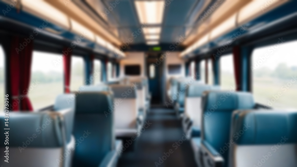Fototapeta premium blurred train seats, interior inside a passenger train, economy class, with blurred train seats in the background