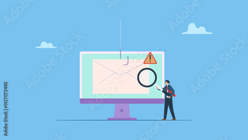 Vector illustration of businessman holding magnifying glass observing email. Preventing cybersecurity threats, email scams, fraud detection and phishing attacks