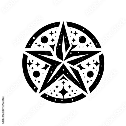 Stylized Pentagram Illustration with Stars and Orbs
