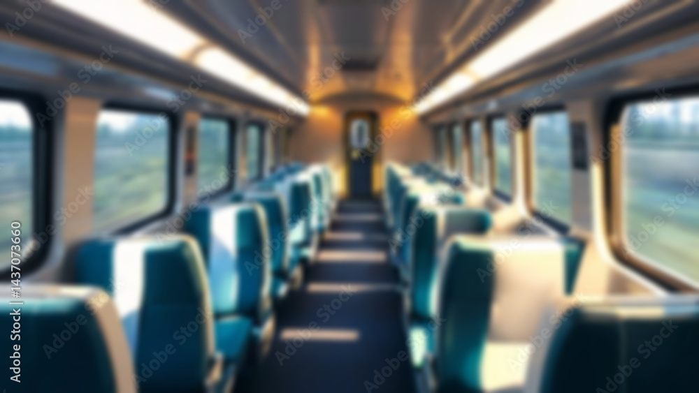 Fototapeta premium blurred train seats, interior inside a passenger train, economy class, with blurred train seats in the background