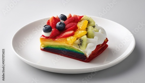A vibrant slice of rainbow crepe cake topped with fresh strawberries, blueberries, orange slices, and kiwi on a white plate.