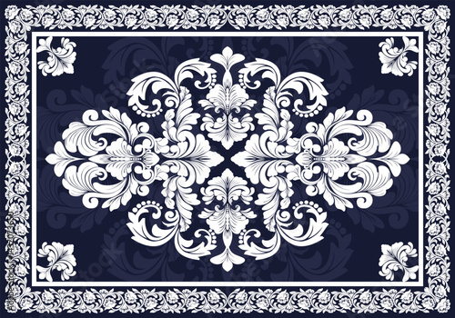 Elegant Navy Blue and White Damask Floral Pattern