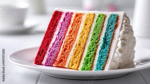 A slice of colorful rainbow layer cake with white frosting is served on a white plate in a bright setting.