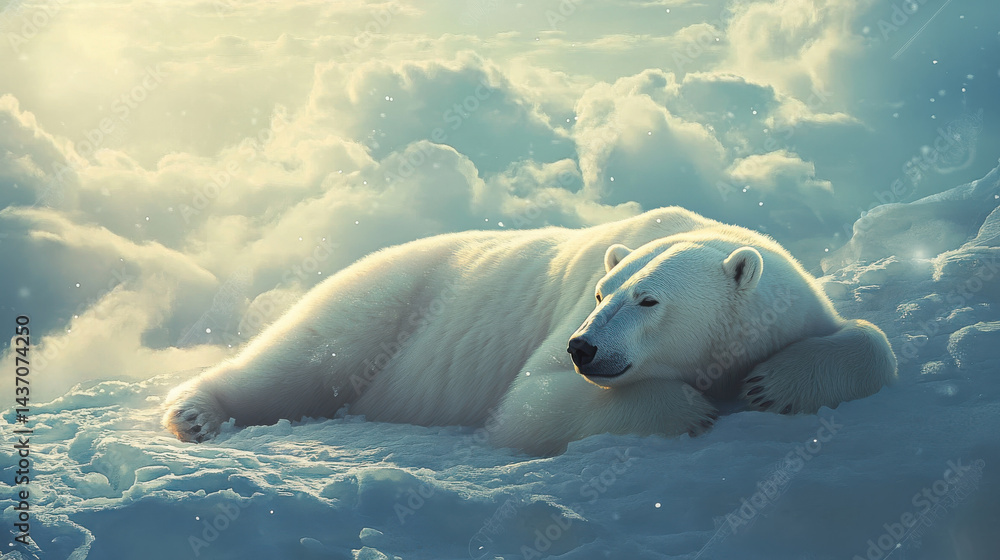 Naklejka premium serene polar bear resting on snowy landscape, surrounded by soft light and clouds, evokes sense of tranquility and peace