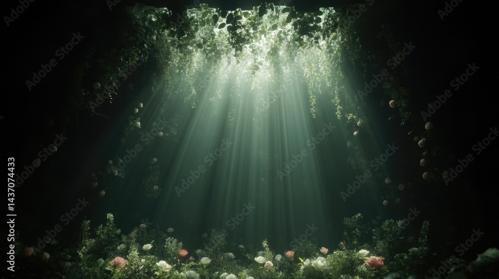 Obraz premium Floral cave, sunlight, ethereal. Lush greenery, soft light, rose petals