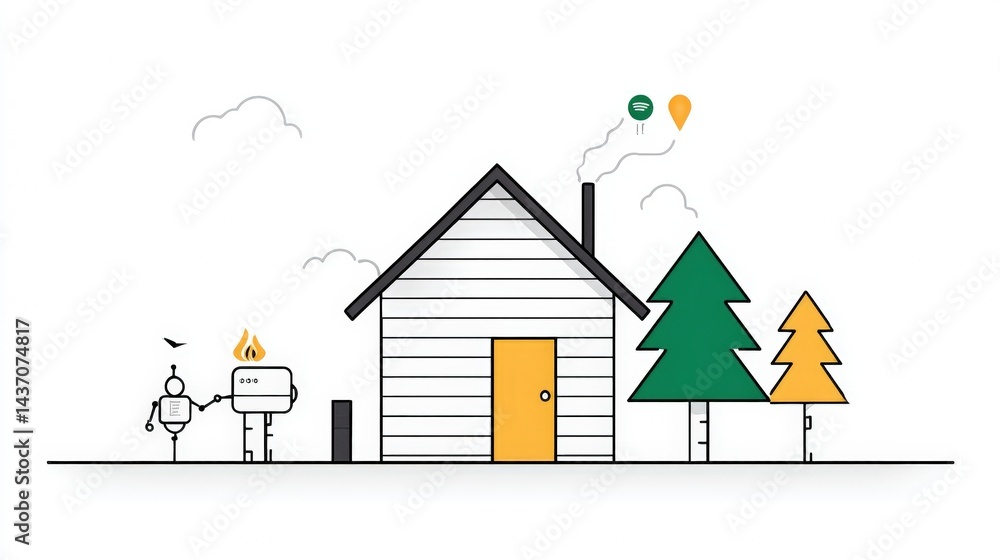 Fototapeta premium Friendly Robot and House with Trees in a Minimalistic Style Illustration for Modern Design