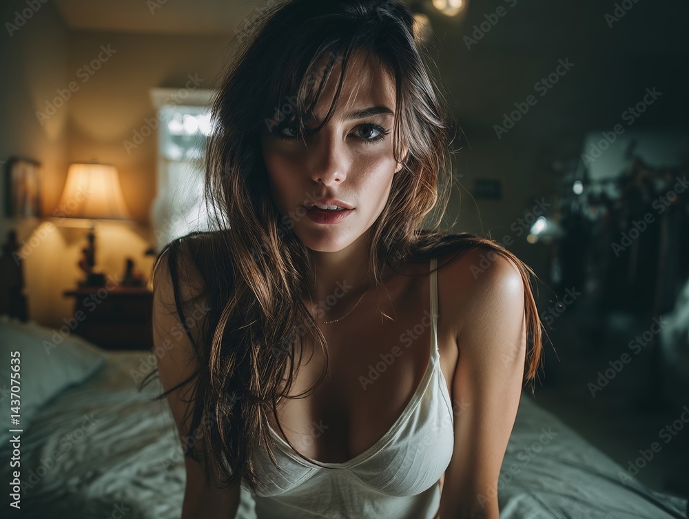 Young Woman in Serene Bedroom Setting Conveying Relaxation and Warm Ambiance Young Woman in Serene Bedroom Setting Conveying Relaxation and Warm Ambiance