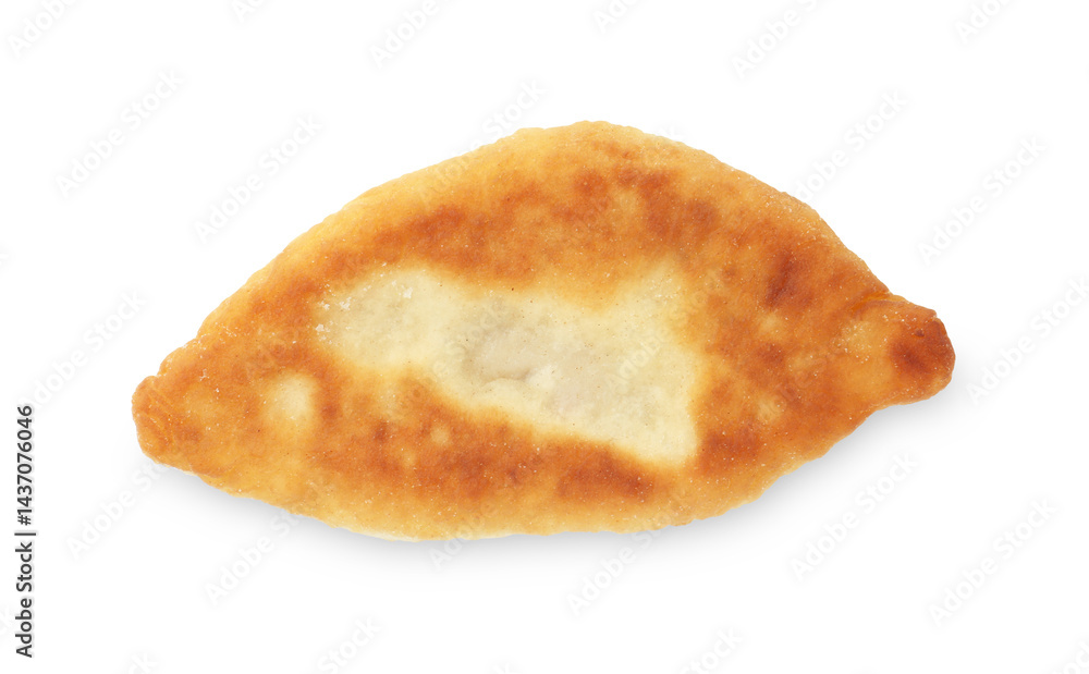 Delicious fried pyrizhok (stuffed pie) isolated on white, top view Delicious fried pyrizhok (stuffed pie) isolated on white, top view