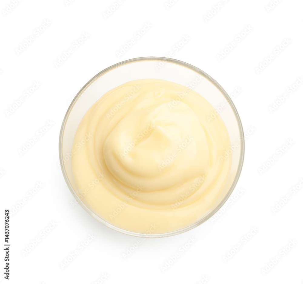 Tasty vanilla pudding in glass isolated on white, top view Tasty vanilla pudding in glass isolated on white, top view