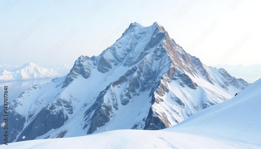 Fototapeta premium Snow-covered mountain peak against bright white sky, scenic, peak