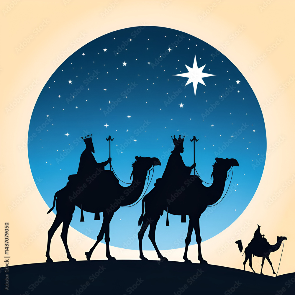 Fototapeta premium Vector illustration of three wise men, silhouette vector with camel and star in the sky on a blue background. Christmas card design. Vector illustration, simple shapes, flat colors, 2D,