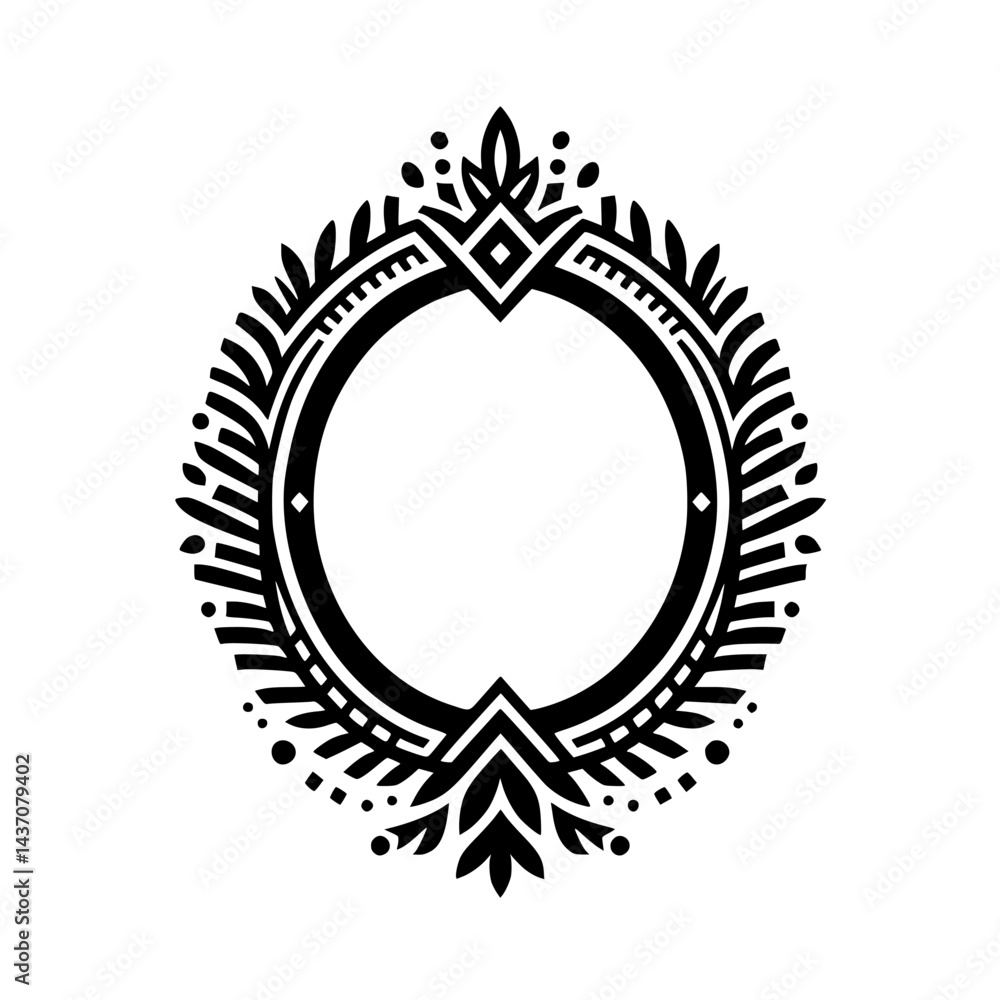 Obraz premium Black & White Ornamental Oval Frame with Decorative Foliage