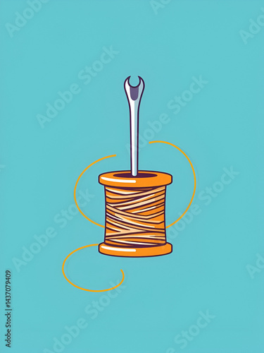 Sewing needle and thread logo, flat fashion tool object, hand drawn sewing decoration design, cartoon tailor supplies element, vector embroidery accessories illustration,
