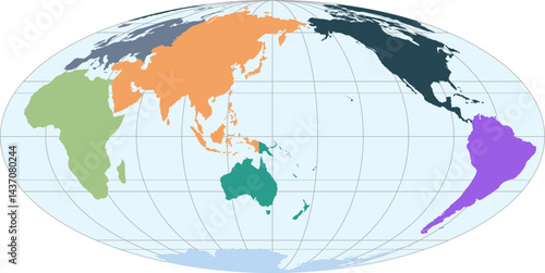 World vector map with continent boundaries and graticules in Asia-Pacific view (Mollweide projection, PPT-compatible, pre-colored & fully editable)