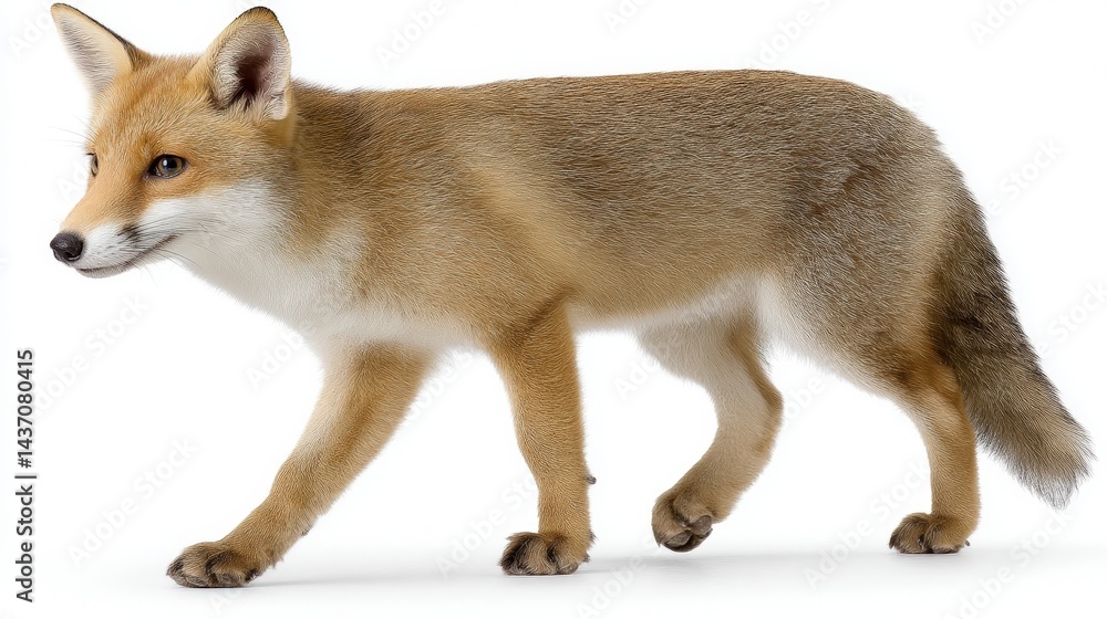 Fototapeta premium Graceful Fox Walking on White Background in Natural Pose for Wildlife Stock Photography