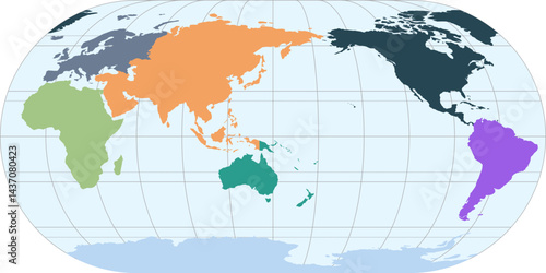 World vector map with continent boundaries and graticules in Asia-Pacific view (Eckert III projection, PPT-compatible, pre-colored & fully editable)